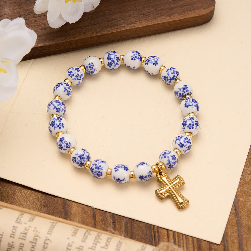 FREE Today: 4-Style Floral Ceramic Bead Stretch Bracelet with Gold-Tone Cross Charm: A Symbol of Gentle Heavenly Grace - Blue - image 2