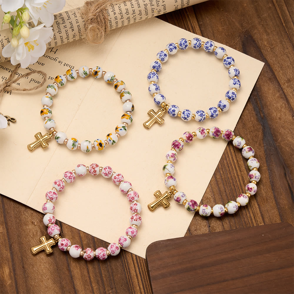 Christianartworkshop 4-Style Floral Ceramic Bead Stretch Bracelet with Gold-Tone Cross Charm: A Symbol of Gentle Heavenly Grace - image 1
