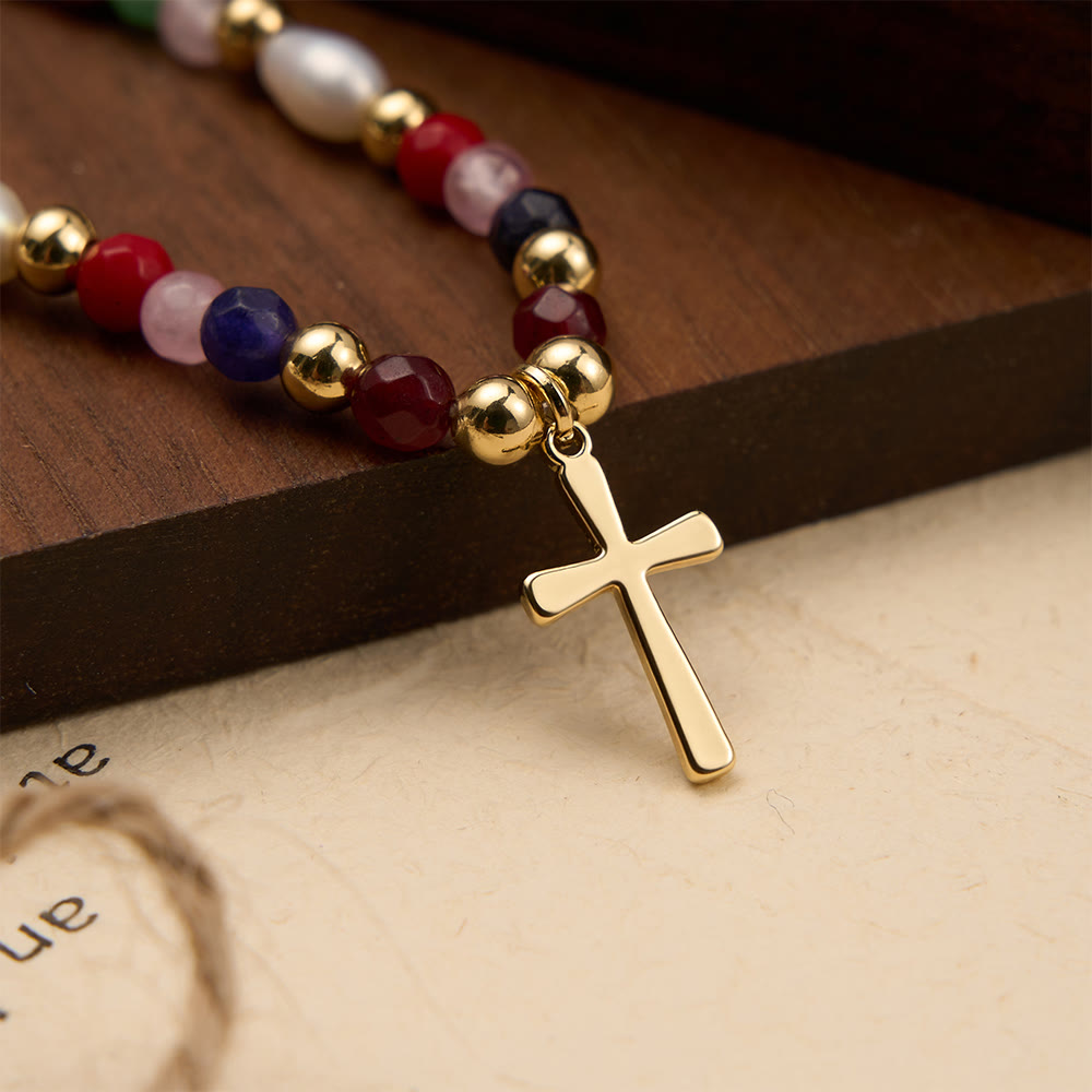 Christianartworkshop Colorful Beaded Necklace with Simple Cross Pendant: A Symbol of Vibrant Sacred Grace & Steadfast Faith - Golden - image 1