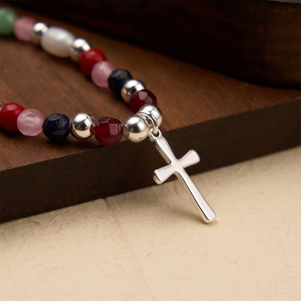 FREE Today: Colorful Beaded Necklace with Simple Cross Pendant: A Symbol of Vibrant Sacred Grace & Steadfast Faith - Silver - image 3