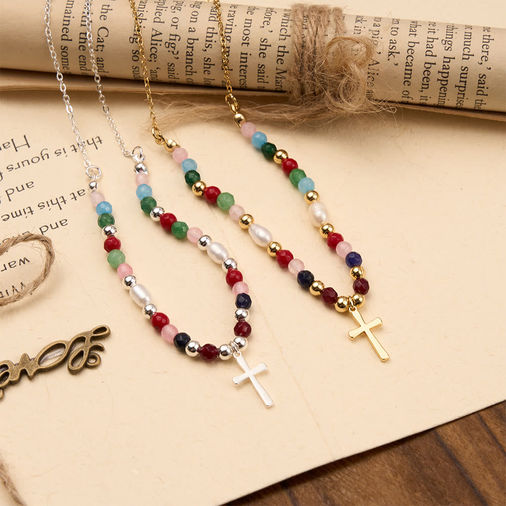 FREE Today: Colorful Beaded Necklace with Simple Cross Pendant: A Symbol of Vibrant Sacred Grace & Steadfast Faith - image 0