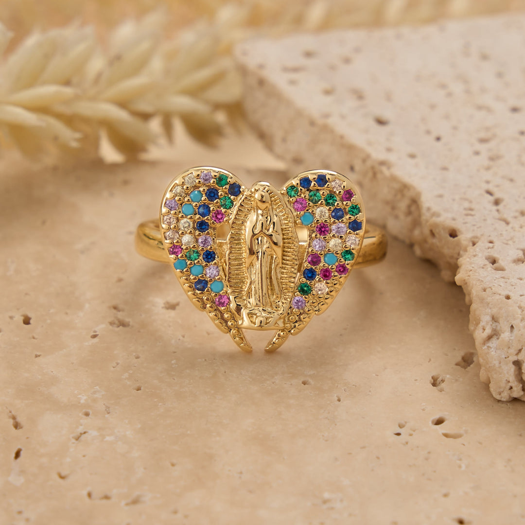 Christianartworkshop Adjustable Open Ring with Colorful Zircon Halo Our Lady of Guadalupe Charm: A Symbol of Tender Maternal Grace - Heart(Suitable for US 6-9) - image 0