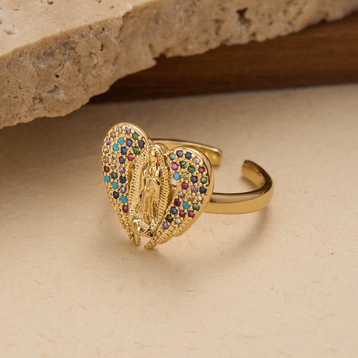 Christianartworkshop Adjustable Open Ring with Colorful Zircon Halo Our Lady of Guadalupe Charm: A Symbol of Tender Maternal Grace - image 2