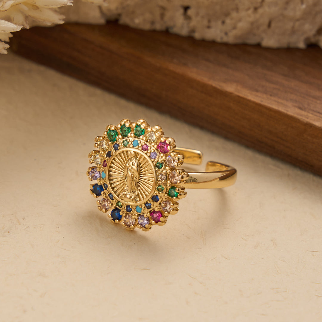 Christianartworkshop Adjustable Open Ring with Colorful Zircon Halo Our Lady of Guadalupe Charm: A Symbol of Tender Maternal Grace - image 7