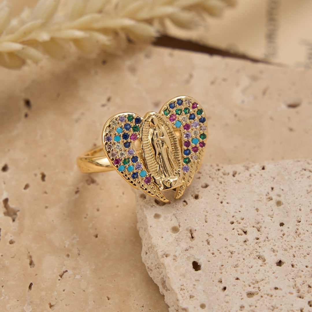 Christianartworkshop Adjustable Open Ring with Colorful Zircon Halo Our Lady of Guadalupe Charm: A Symbol of Tender Maternal Grace - image 3