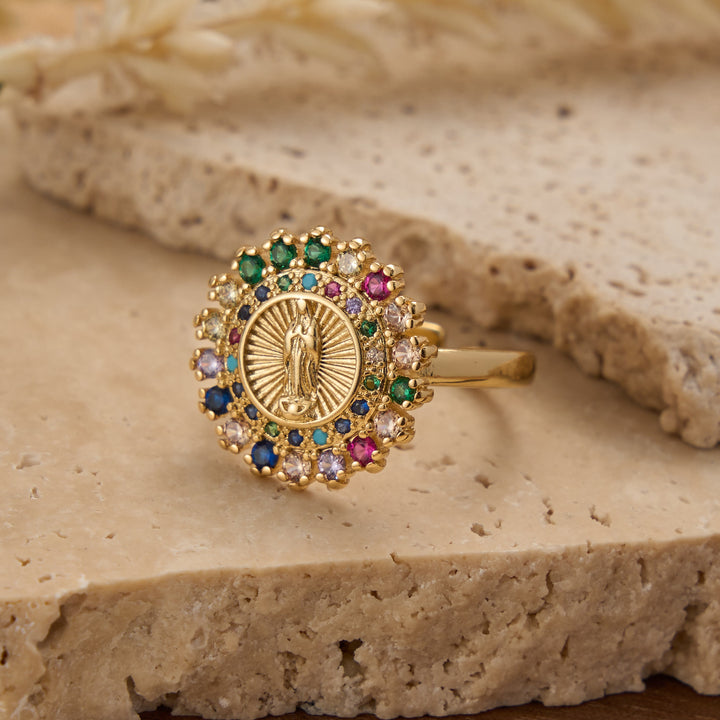 Christianartworkshop Adjustable Open Ring with Colorful Zircon Halo Our Lady of Guadalupe Charm: A Symbol of Tender Maternal Grace - image 8