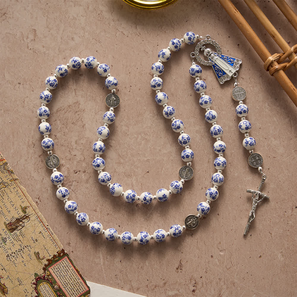 Christianartworkshop Blue & White Floral Ceramic Rosary with St. Benedict Medals & Our Lady - image 6