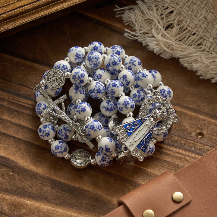 Christianartworkshop Blue & White Floral Ceramic Rosary with St. Benedict Medals & Our Lady - image 5