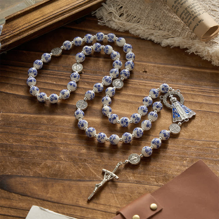 Christianartworkshop Blue & White Floral Ceramic Rosary with St. Benedict Medals & Our Lady - Our Lady & Crucifix - Style A - image 0