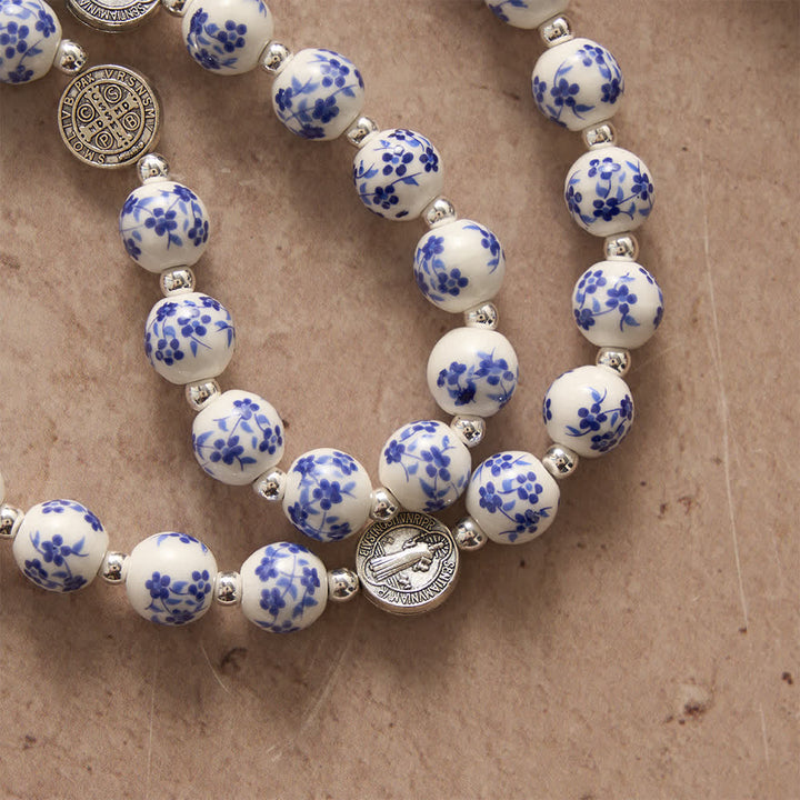 Christianartworkshop Blue & White Floral Ceramic Rosary with St. Benedict Medals & Our Lady - image 9