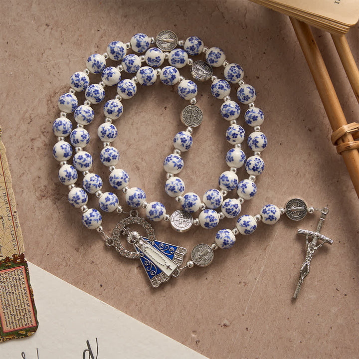 Christianartworkshop Blue & White Floral Ceramic Rosary with St. Benedict Medals & Our Lady - image 4