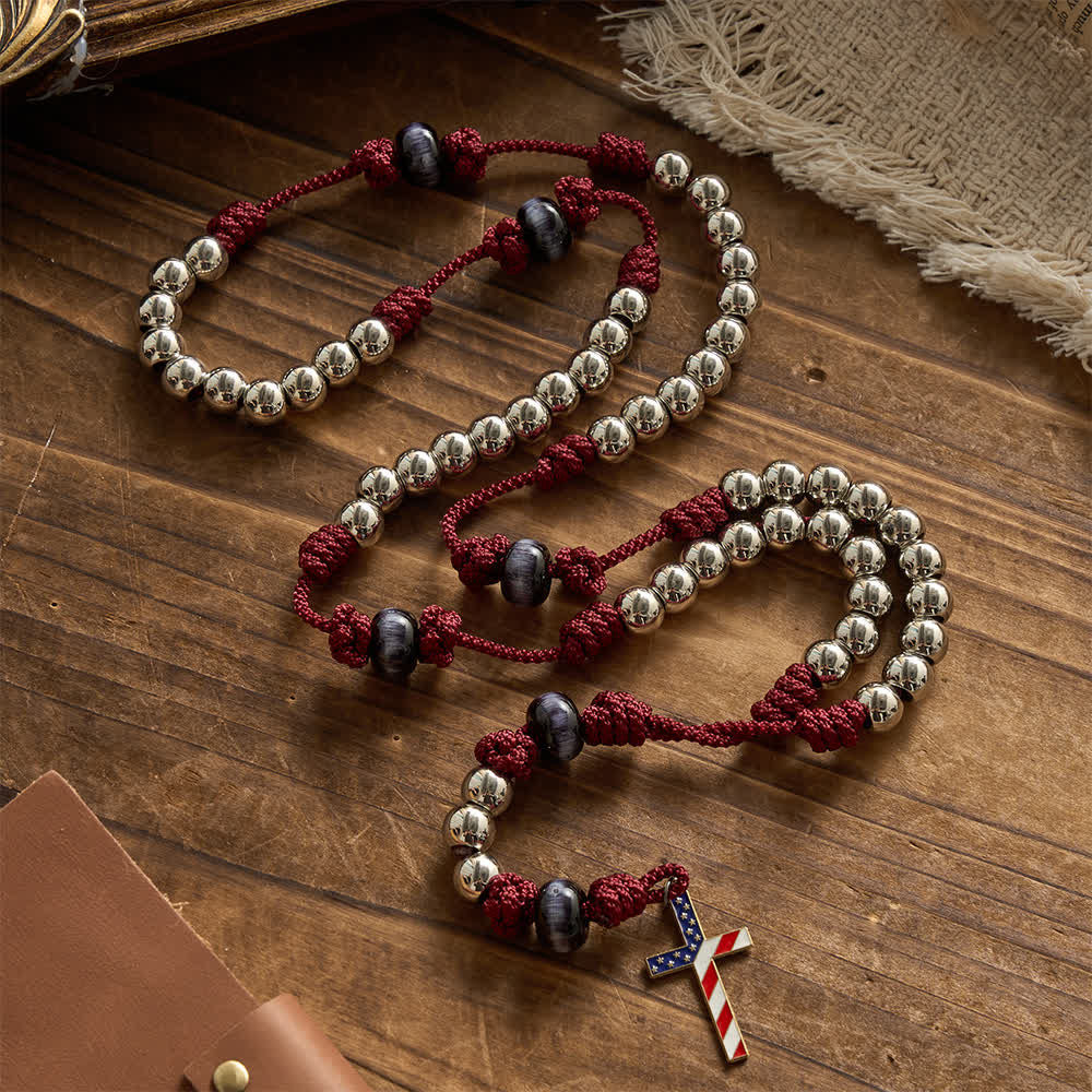 Christianartworkshop Rustic Patriotic Paracord Rosary with US Flag Cross, God & Country Always - US Flag Cros - image 0