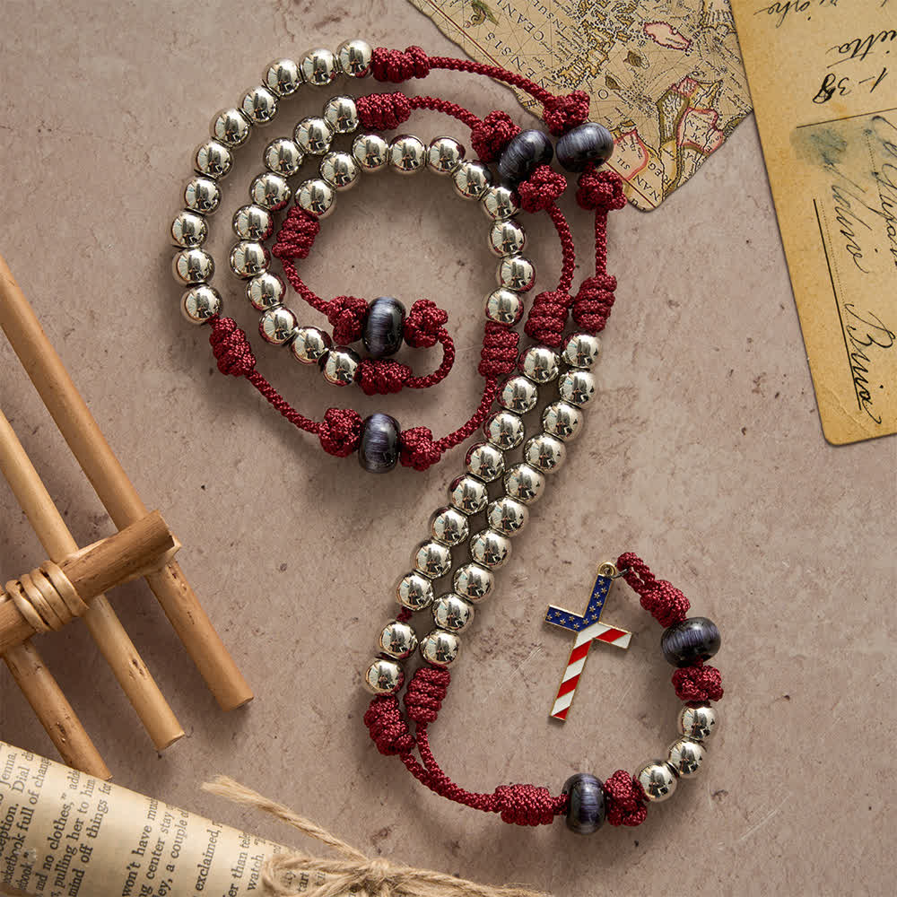 Christianartworkshop Rustic Patriotic Paracord Rosary with US Flag Cross, God & Country Always - image 2