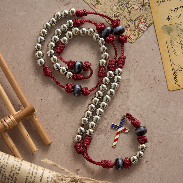 Christianartworkshop Rustic Patriotic Paracord Rosary with US Flag Cross, God & Country Always - image 2