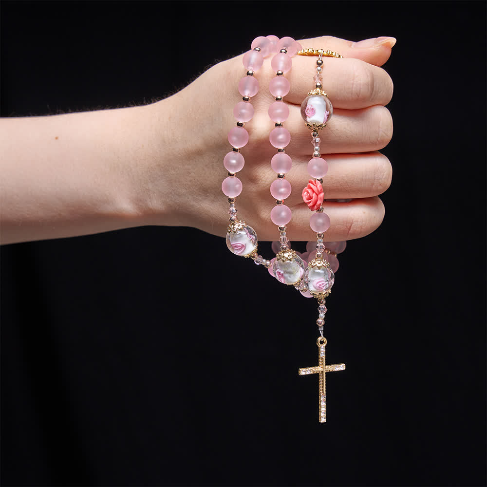 Christianartworkshop Soft Matte Pink Rosary with Delicate Rose Glass & St. Benedict Devotion - image 1