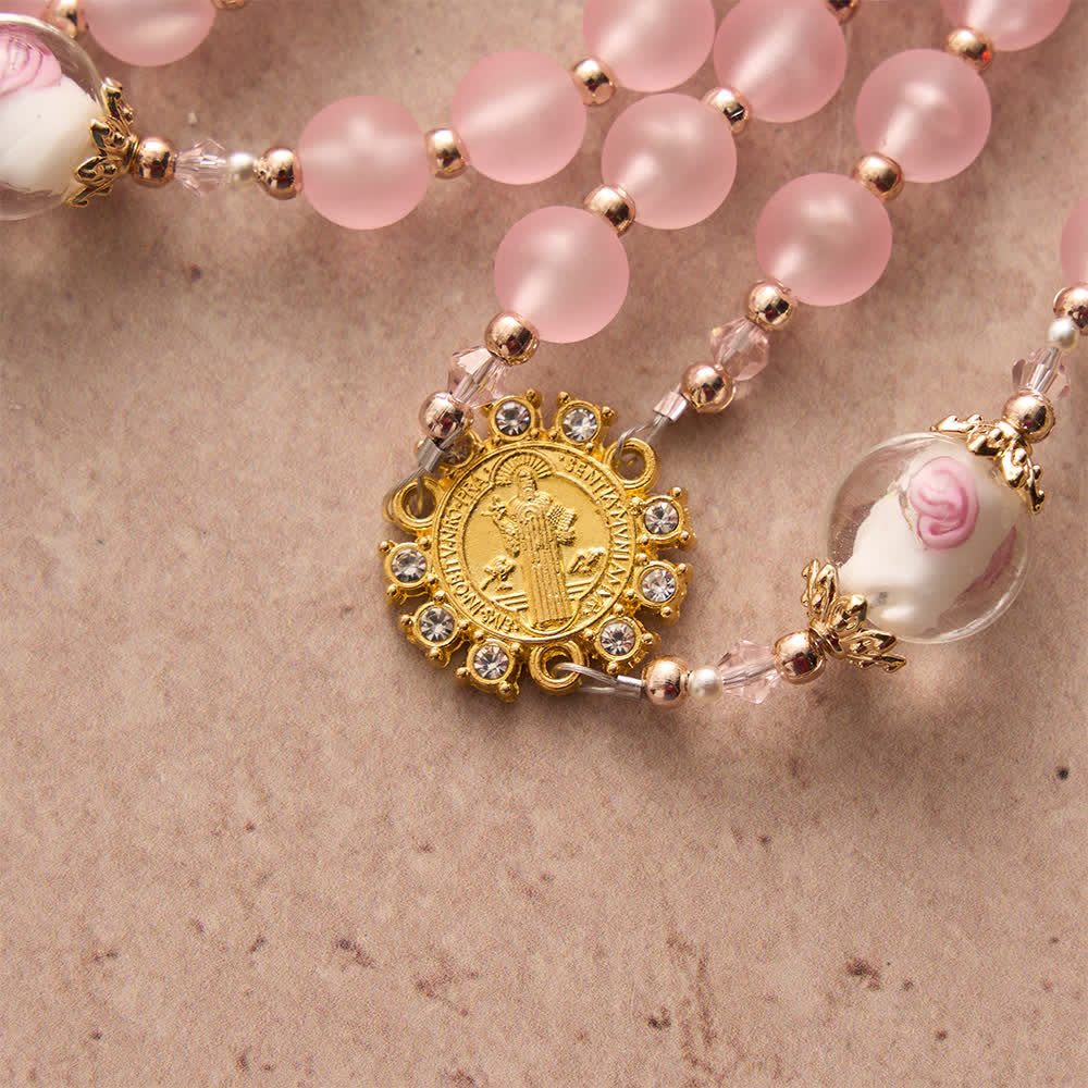 Christianartworkshop Soft Matte Pink Rosary with Delicate Rose Glass & St. Benedict Devotion - image 7