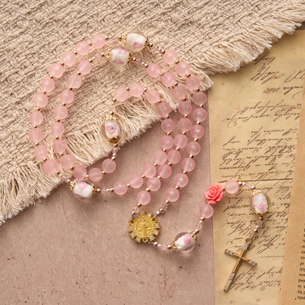 Christianartworkshop Soft Matte Pink Rosary with Delicate Rose Glass & St. Benedict Devotion - St. Benedict & Cross - image 0