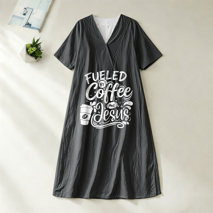 Christianartworkshop "Fueled by Coffee and Jesus" Calligraphy & Coffee Cup Print V-Neck Short Sleeve Midi Dress - Black - 4XL - image 20