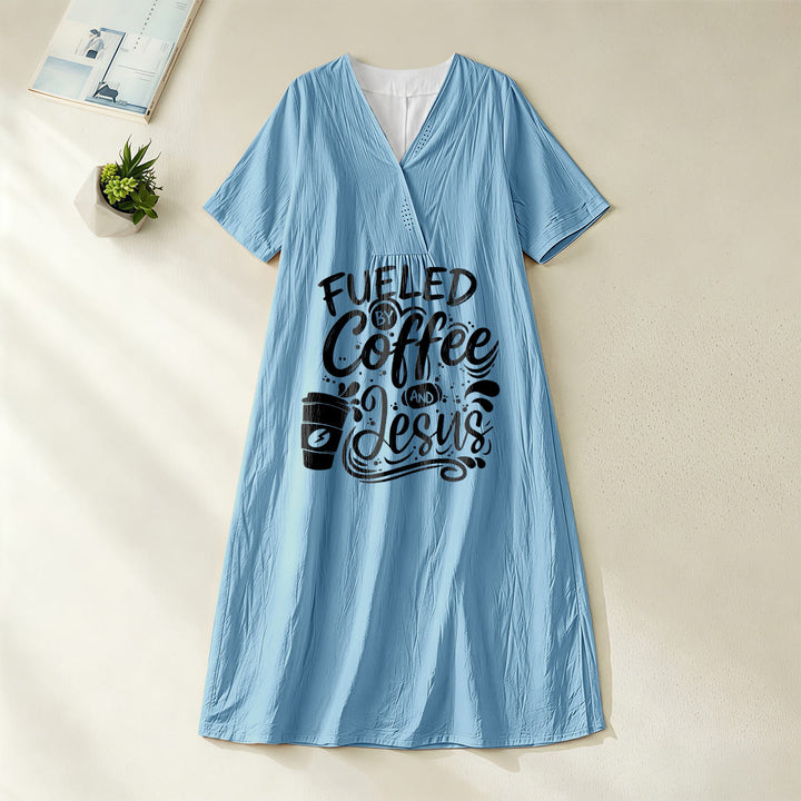 Christianartworkshop "Fueled by Coffee and Jesus" Calligraphy & Coffee Cup Print V-Neck Short Sleeve Midi Dress - Blue - 4XL - image 8