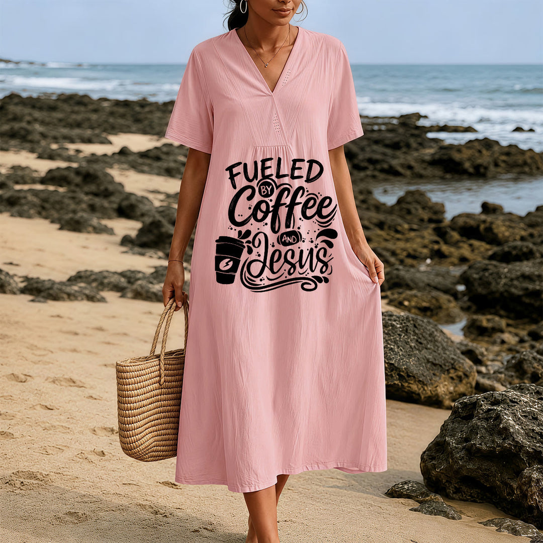 Christianartworkshop "Fueled by Coffee and Jesus" Calligraphy & Coffee Cup Print V-Neck Short Sleeve Midi Dress - image 17