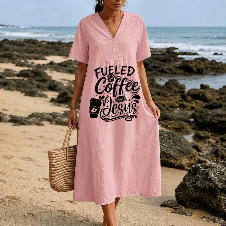 Christianartworkshop "Fueled by Coffee and Jesus" Calligraphy & Coffee Cup Print V-Neck Short Sleeve Midi Dress - image 17