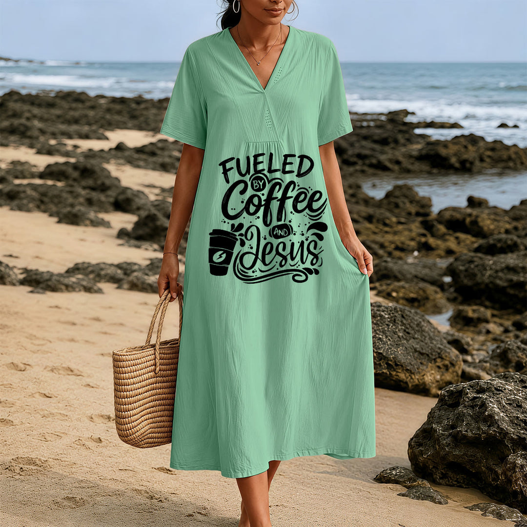 Christianartworkshop "Fueled by Coffee and Jesus" Calligraphy & Coffee Cup Print V-Neck Short Sleeve Midi Dress - image 5