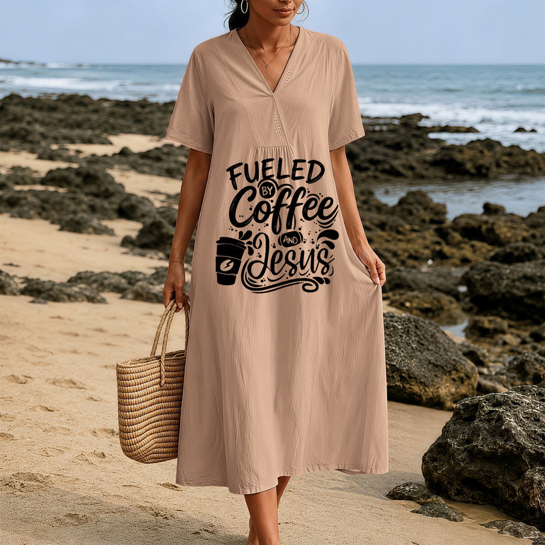 Christianartworkshop "Fueled by Coffee and Jesus" Calligraphy & Coffee Cup Print V-Neck Short Sleeve Midi Dress - image 1
