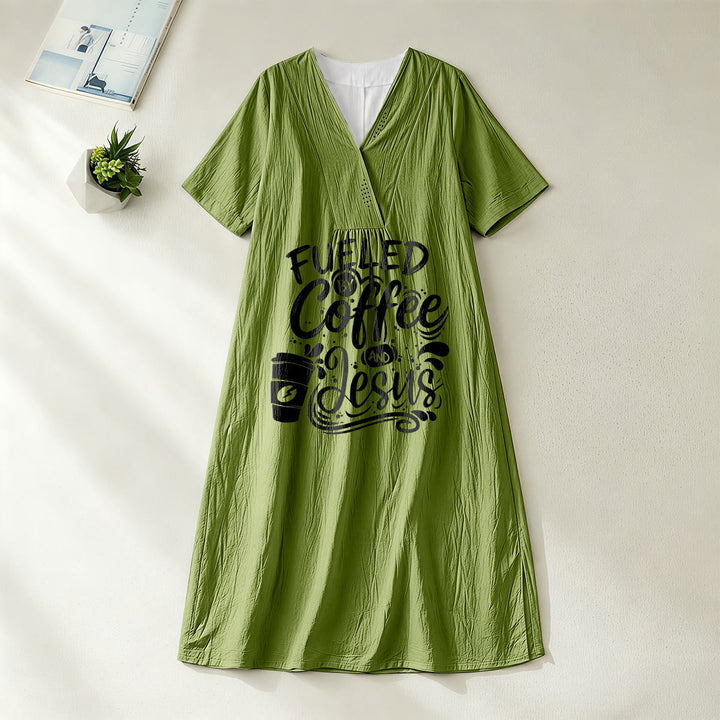 Christianartworkshop "Fueled by Coffee and Jesus" Calligraphy & Coffee Cup Print V-Neck Short Sleeve Midi Dress - Olive Green - 4XL - image 12
