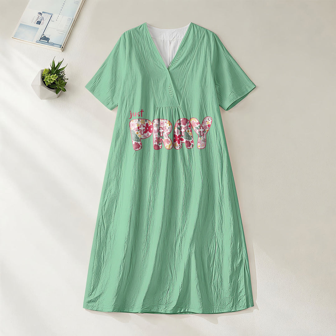 Christianartworkshop Floral & Cross Pattern "Just Pray" Statement V-Neck Short Sleeve Midi Dress - Green - 4XL - image 0