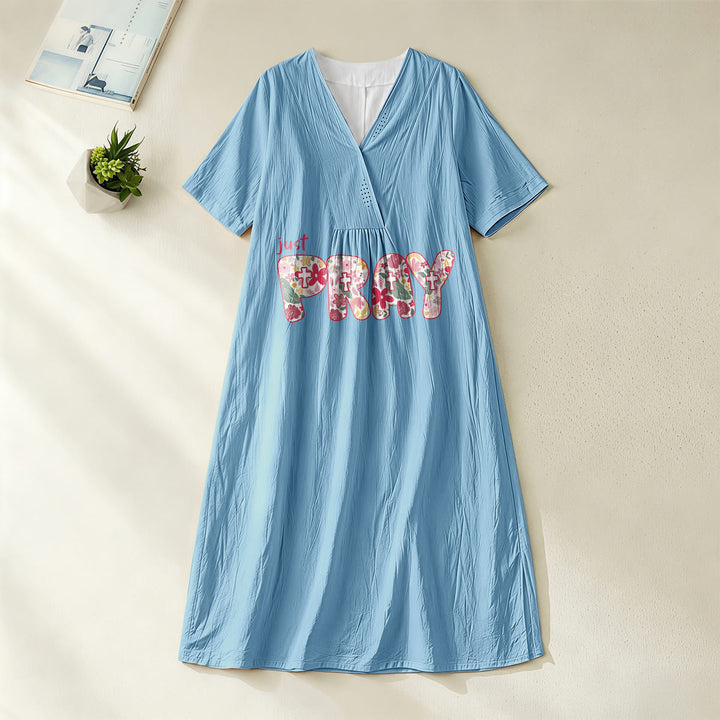 Christianartworkshop Floral & Cross Pattern "Just Pray" Statement V-Neck Short Sleeve Midi Dress - Blue - 4XL - image 4