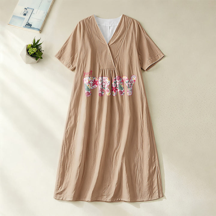 Christianartworkshop Floral & Cross Pattern "Just Pray" Statement V-Neck Short Sleeve Midi Dress - Khaki - 4XL - image 12