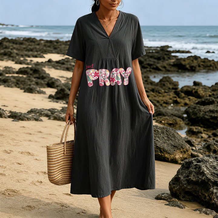 Christianartworkshop Floral & Cross Pattern "Just Pray" Statement V-Neck Short Sleeve Midi Dress - image 17