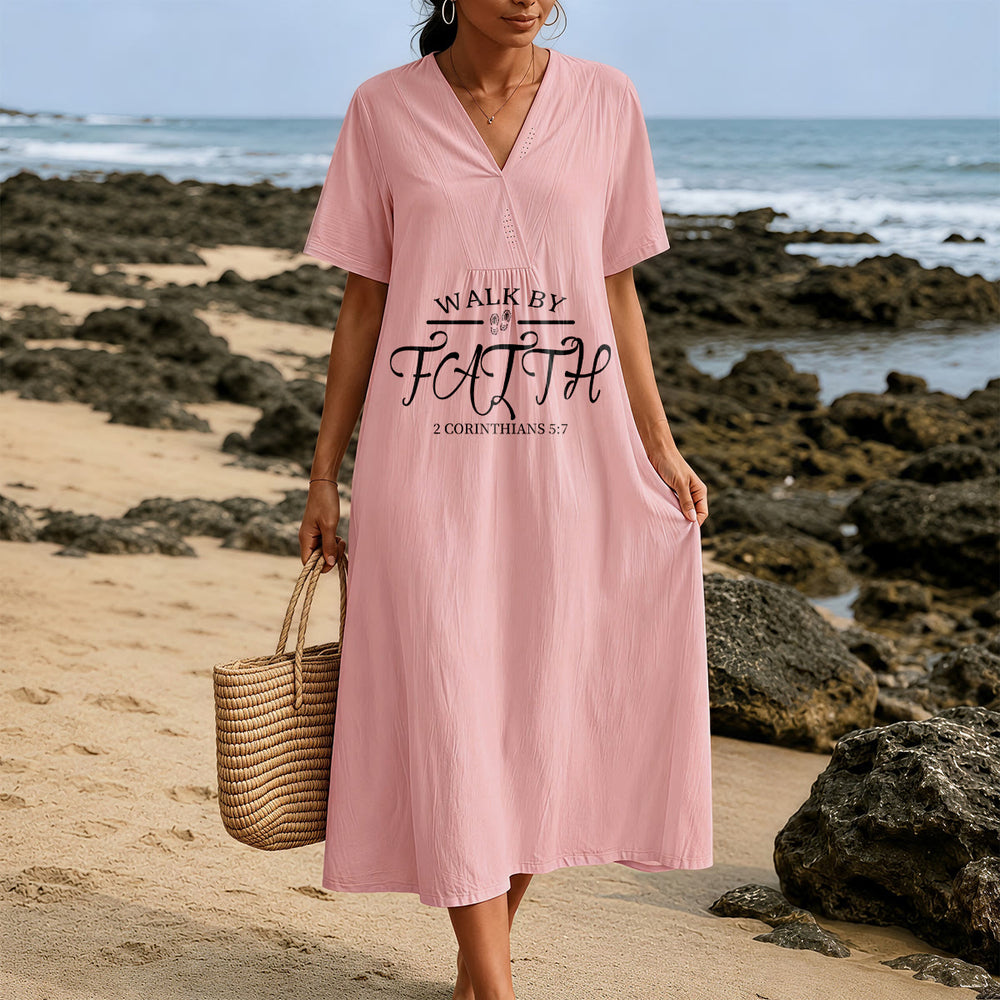 Christianartworkshop "Walk by Faith" 2 Corinthians 5:7 Scripture Print V-Neck Short Sleeve Midi Dress - image 1