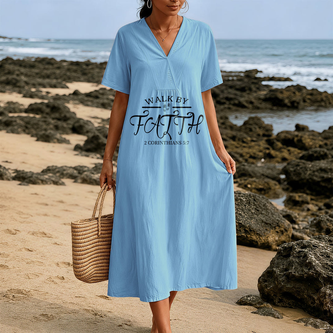 Christianartworkshop "Walk by Faith" 2 Corinthians 5:7 Scripture Print V-Neck Short Sleeve Midi Dress - image 9