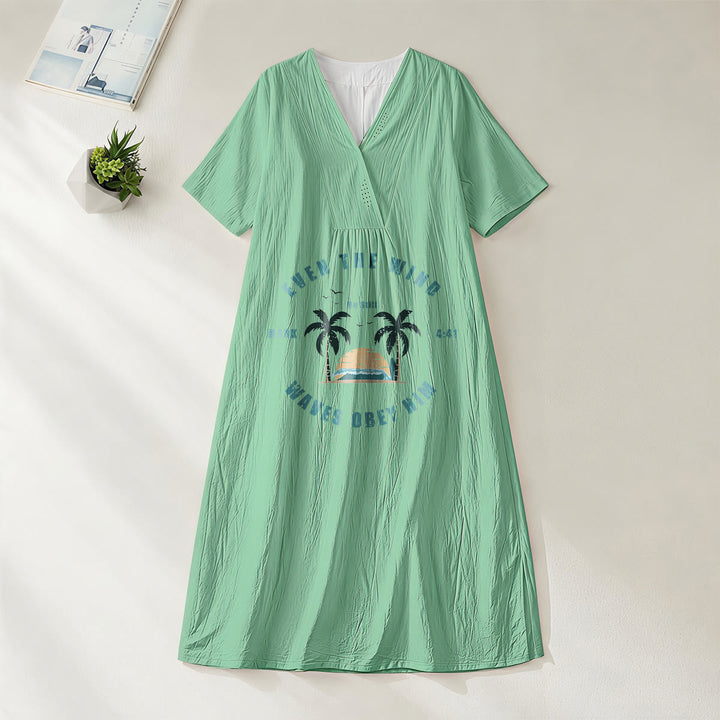 Christianartworkshop Coastal Faith Verse Palm Tree & Sunset Graphic V-Neck Short Sleeve Midi Dress - Green - 4XL - image 4