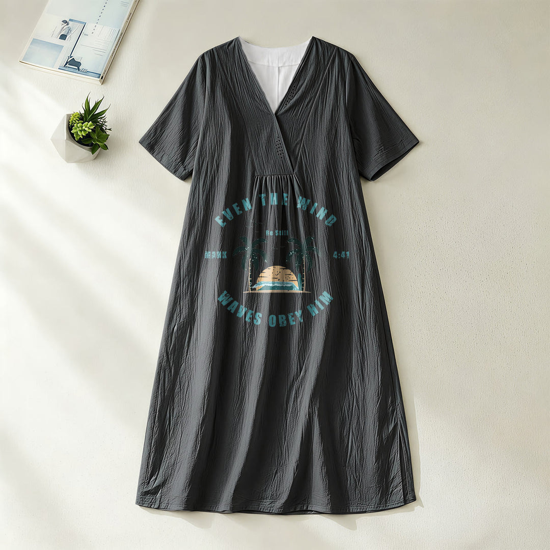 Christianartworkshop Coastal Faith Verse Palm Tree & Sunset Graphic V-Neck Short Sleeve Midi Dress - Black - 4XL - image 16