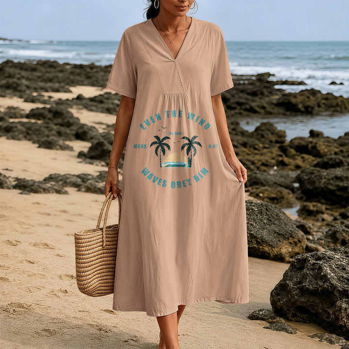 Christianartworkshop Coastal Faith Verse Palm Tree & Sunset Graphic V-Neck Short Sleeve Midi Dress - image 13