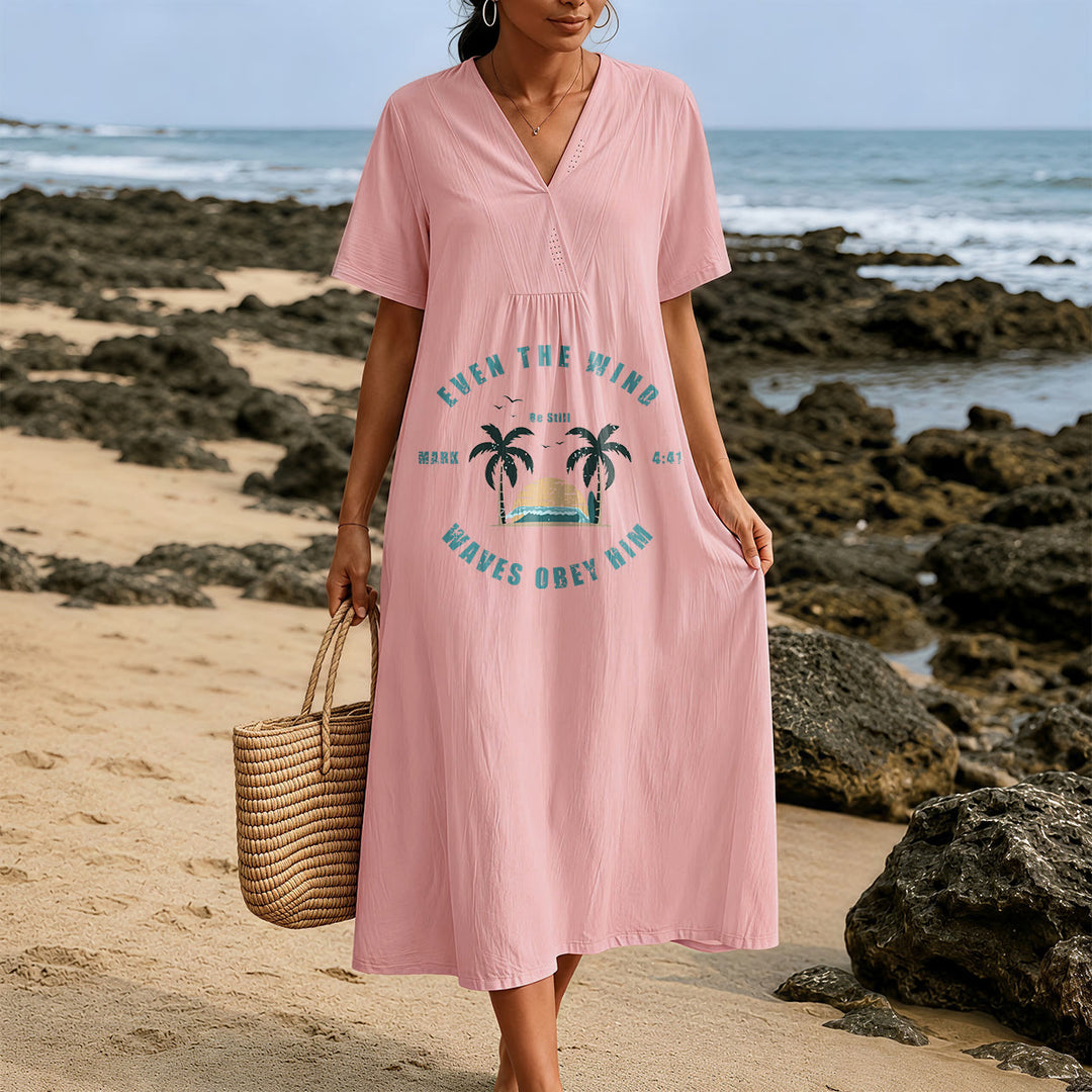 Christianartworkshop Coastal Faith Verse Palm Tree & Sunset Graphic V-Neck Short Sleeve Midi Dress - image 21
