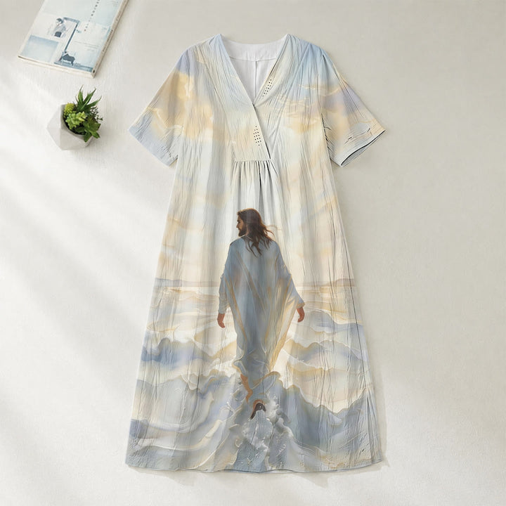 Christianartworkshop Faithful "Jesus Walks On Water" Scenic V-Neck Short Sleeve Midi Dress - 4XL - image 0