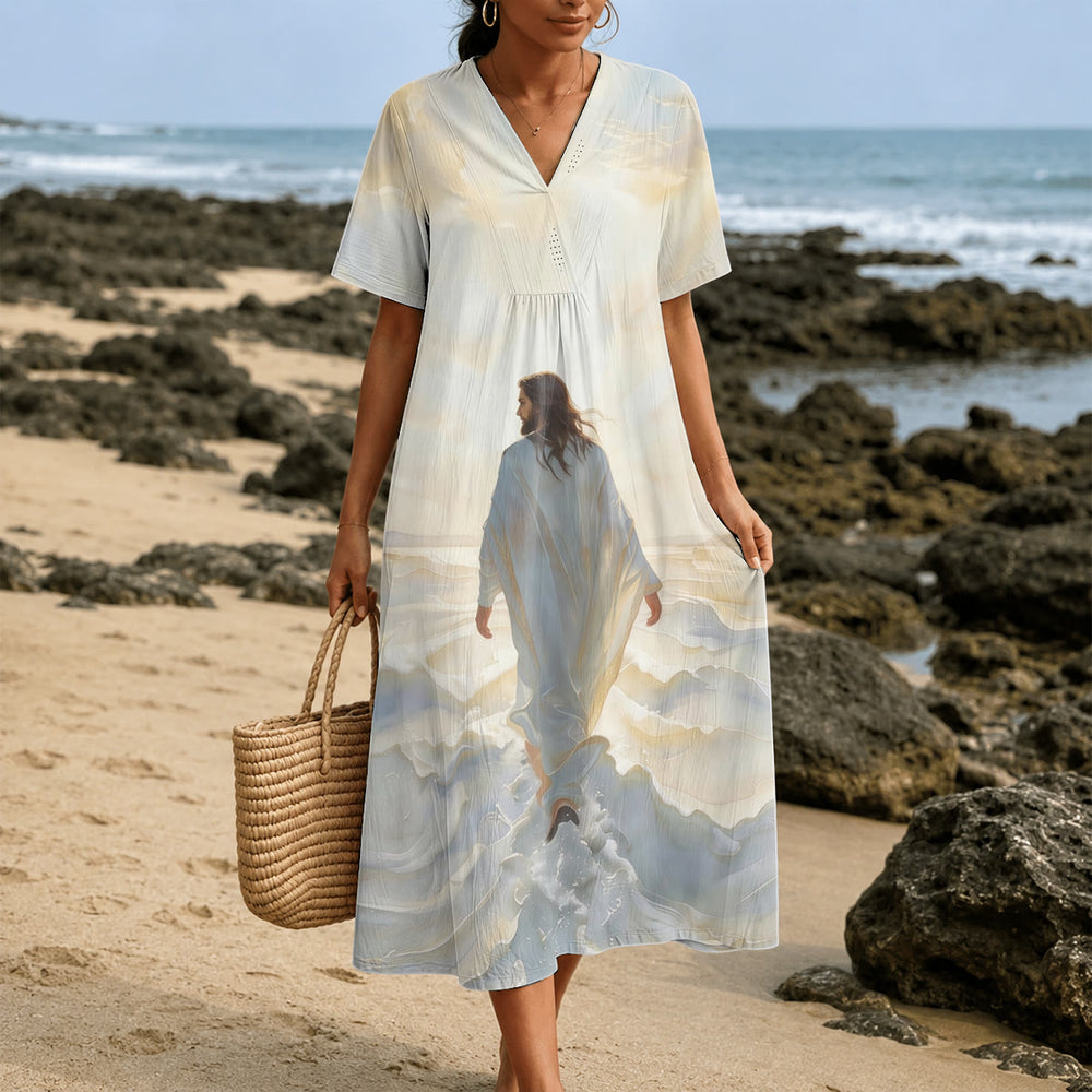 Christianartworkshop Faithful "Jesus Walks On Water" Scenic V-Neck Short Sleeve Midi Dress - image 1