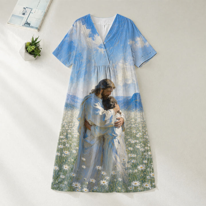 Christianartworkshop Jesus Hugging Child In Daisy Field Art Print V-Neck Short Sleeve Midi Dress - 4XL - image 0