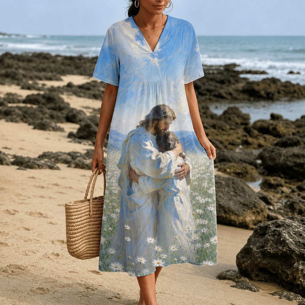 Christianartworkshop Jesus Hugging Child In Daisy Field Art Print V-Neck Short Sleeve Midi Dress - image 1