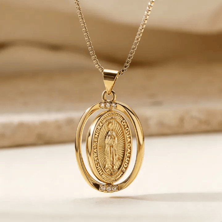 Christianartworkshop Reversible Spinning Oval Pendant Necklace with Our Lady of Guadalupe & Sacred Heart Designs - Golden - image 1