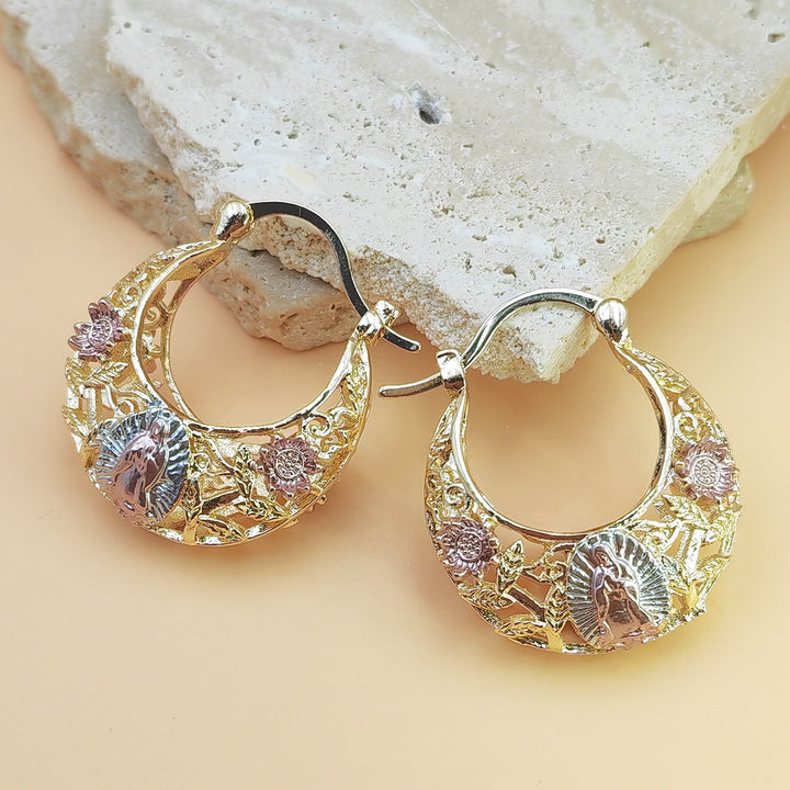 Christianartworkshop Delicate Filigree Hoop Earrings with Our Lady of Guadalupe & Enameled Rose Motifs: A Reminder of Divine Mercy  - Pink - image 3