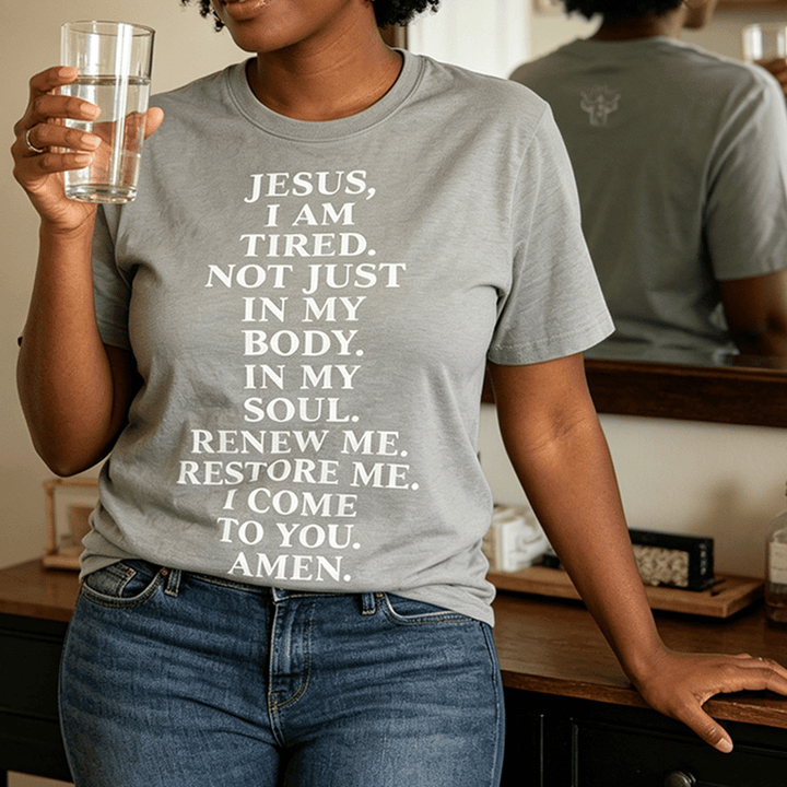 Christianartworkshop "Jesus I Am Tired Renew Me" Devotional Prayer Premium Short Sleeve T-Shirt - image 0