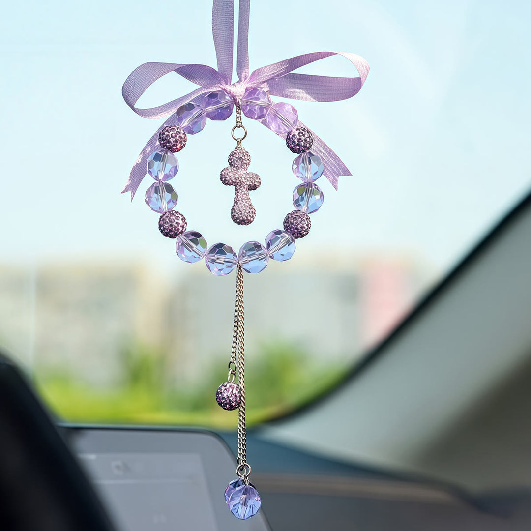 Christianartworkshop Bow-Adorned Crystal Wreath Cross Car Pendant: A Symbol of Sheltering Grace & Safe Journey Faith - Purple Cross - image 0