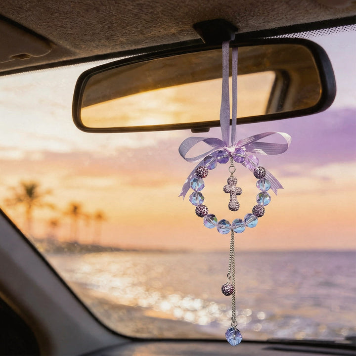 Christianartworkshop Bow-Adorned Crystal Wreath Cross Car Pendant: A Symbol of Sheltering Grace & Safe Journey Faith - image 1