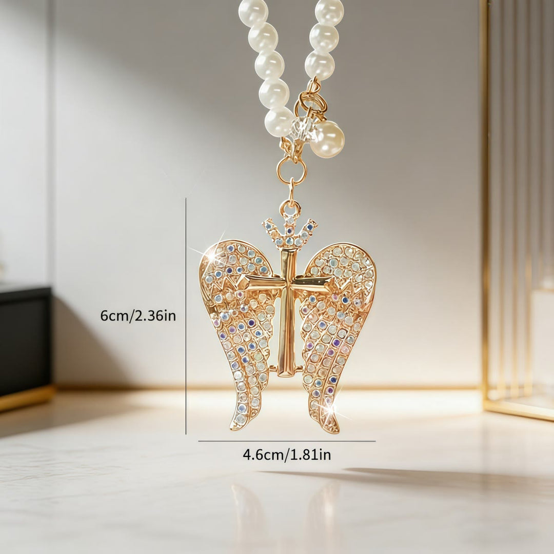 Christianartworkshop Angel Wing Cross Car Pendant with Pearl Chain & Crystal Accents: A Symbol of Divine Protection & Faithful Guidance - image 4