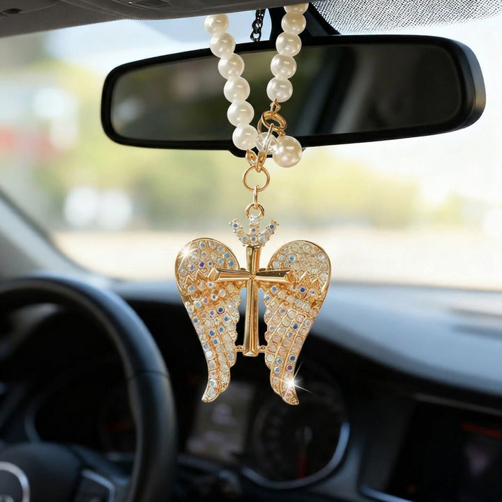 Christianartworkshop Angel Wing Cross Car Pendant with Pearl Chain & Crystal Accents: A Symbol of Divine Protection & Faithful Guidance - image 2
