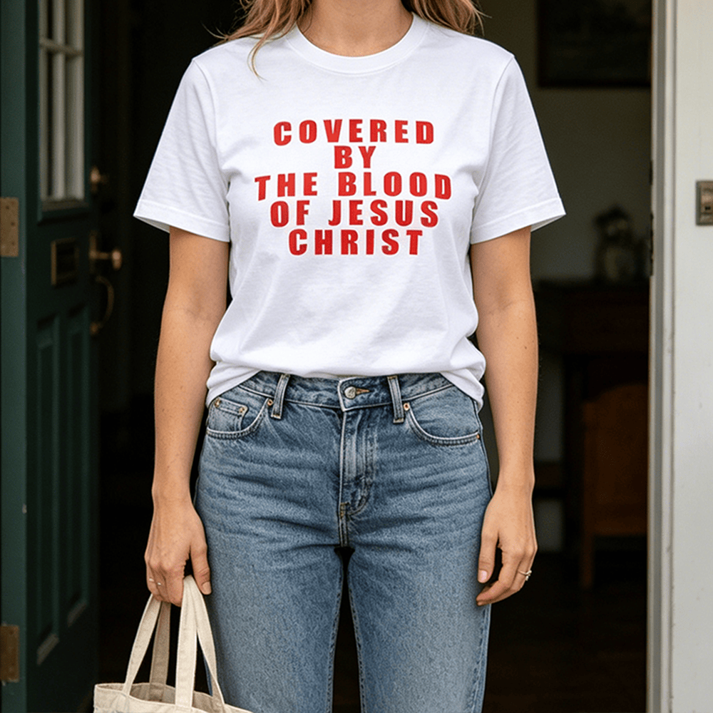 Christianartworkshop "Covered By The Blood Of Jesus Christ" Statement Premium Short Sleeve T-Shirt - image 0